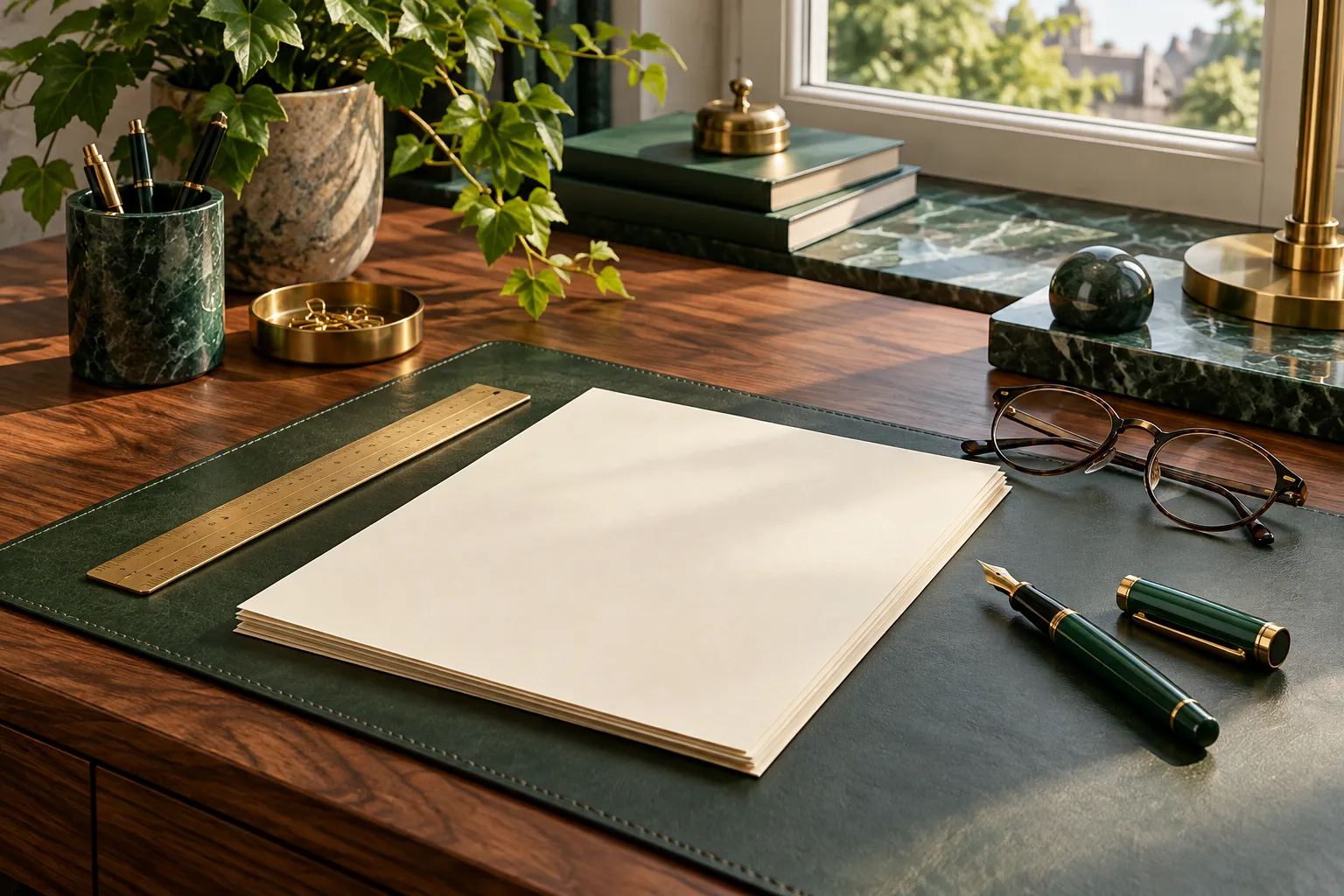 Mr Green Casino terms review desk with blank papers and reading glasses