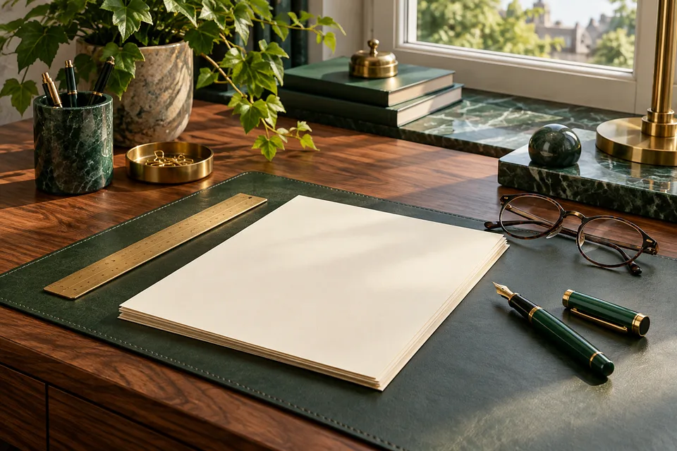 Blank terms pages with a ruler, pen and glasses